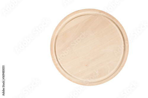 Round kitchen cutting wooden board on the white background