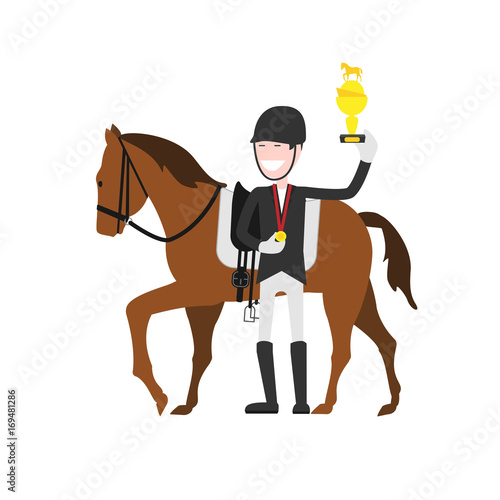 winner of equestrian sport competitions, cartoon character, flat illustration