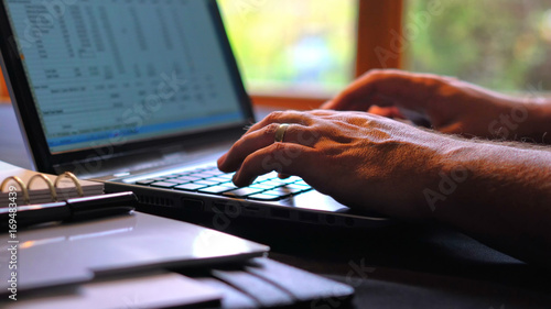 Photos Man entering figures in speadsheet on laptop