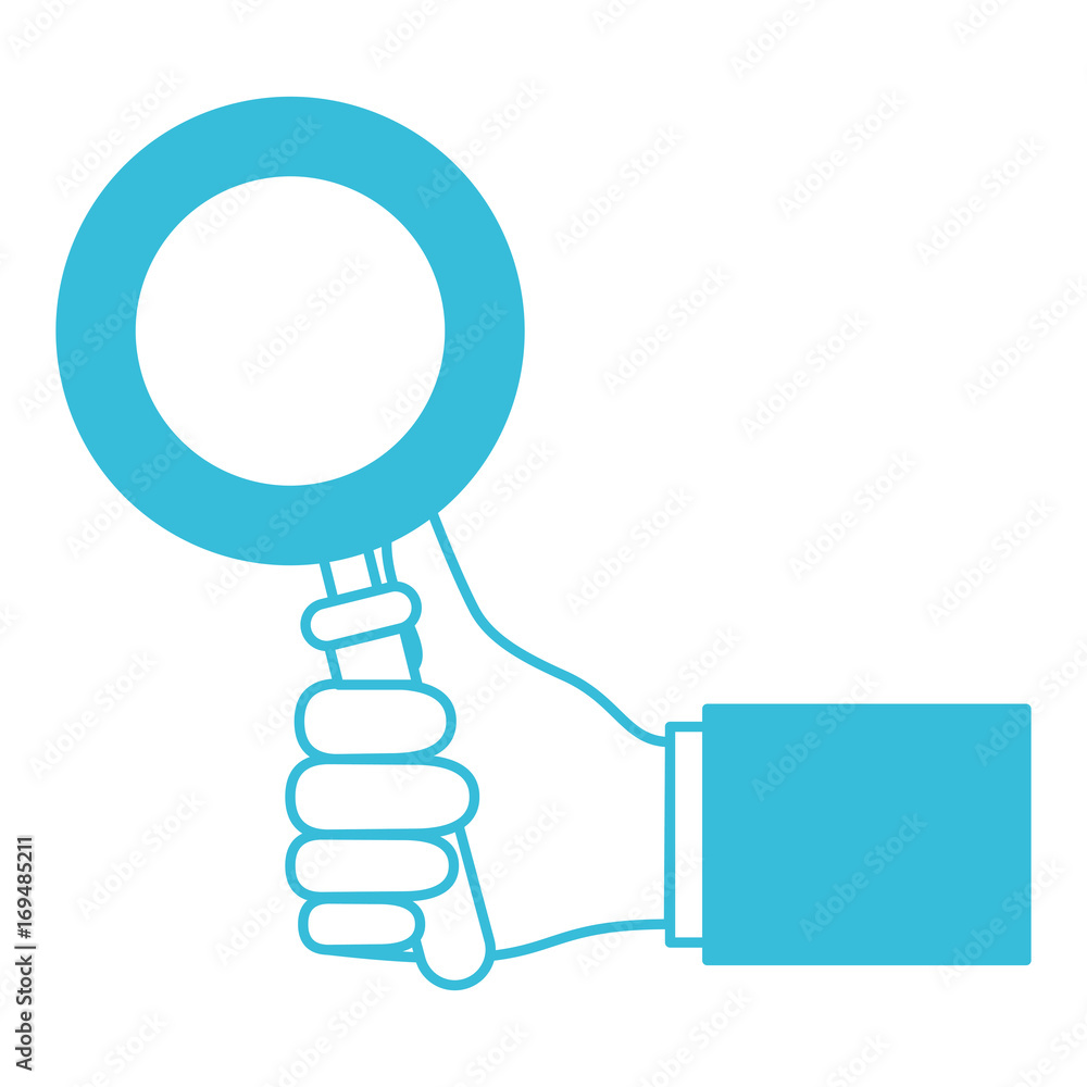 blue color silhouette of hand holding magnifying glass blue color silhouette of hand holding magnifying glass