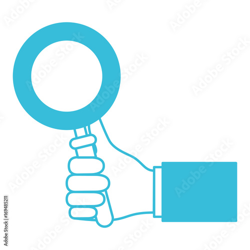 blue color silhouette of hand holding magnifying glass