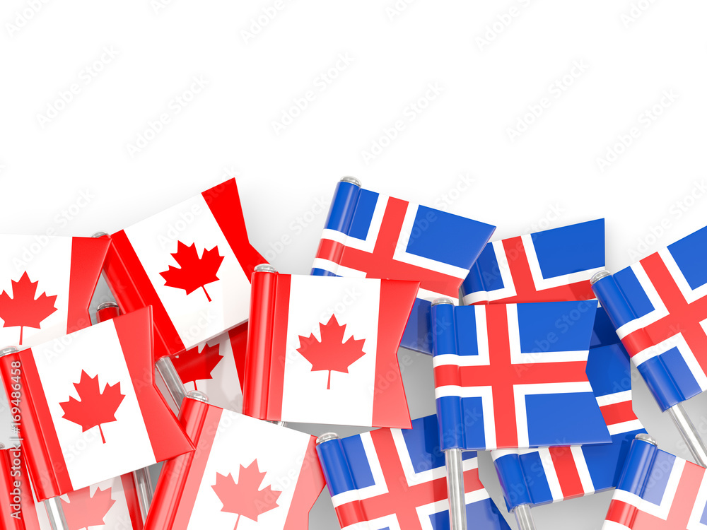 Obraz premium Flag pins of Canada and Iceland isolated on white. 3D illustration