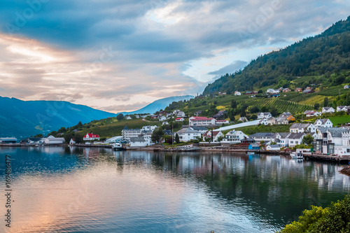 Norway urban Landscape. The view of the sunset in one of the cities of Norway Lofthus, Europe