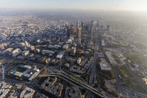 Aerial view of towers and freeways in downtown Los Angeles, California. 