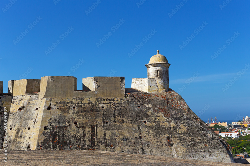 Observation tower on the top of San Felipe de Barajas fortress in Cartagena, Colombia. Historic fortress locates on the hill overlooking old walled city.