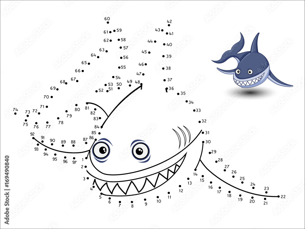 Shark Cartoon Connect the dots and color Stock Vector | Adobe Stock