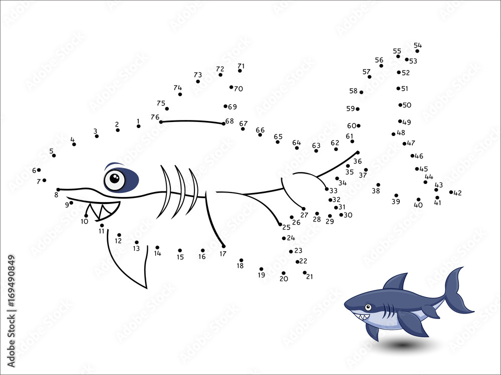 Shark Cartoon Connect the dots and color Stock Vector | Adobe Stock