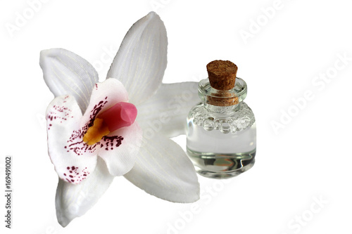 bottle of essential oil and orchid flowers photo