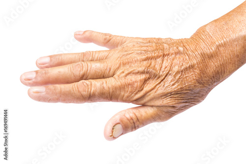 Wrinkled on old woman hand skin with clipping path, healthy and beauty concept