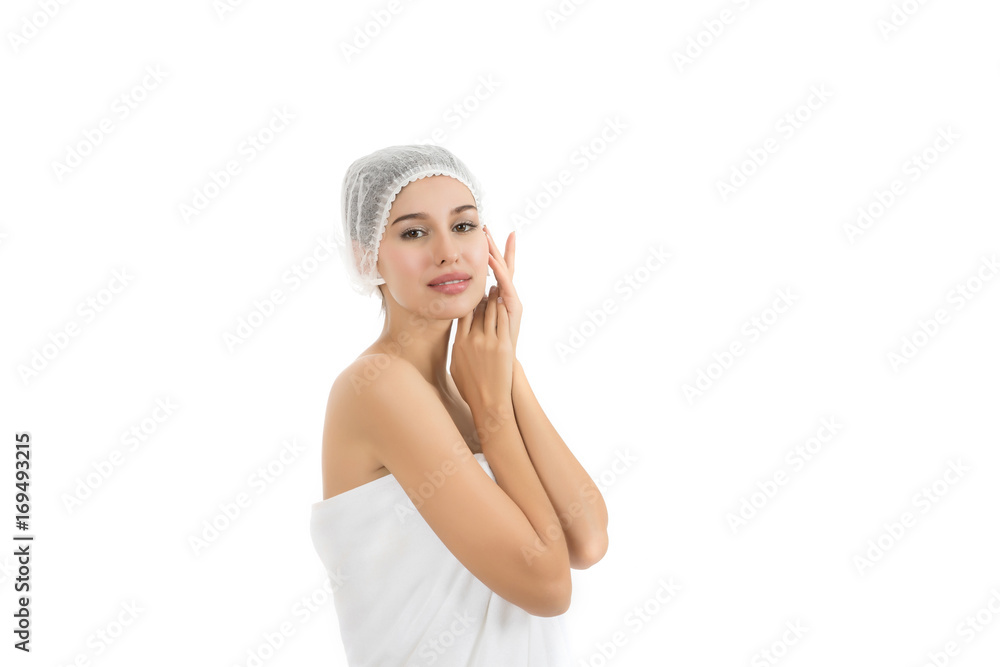 Beautiful spa woman showing perfect skin with copy space isolated on white. Beautiful spa woman showing perfect skin with copy space isolated on white.
