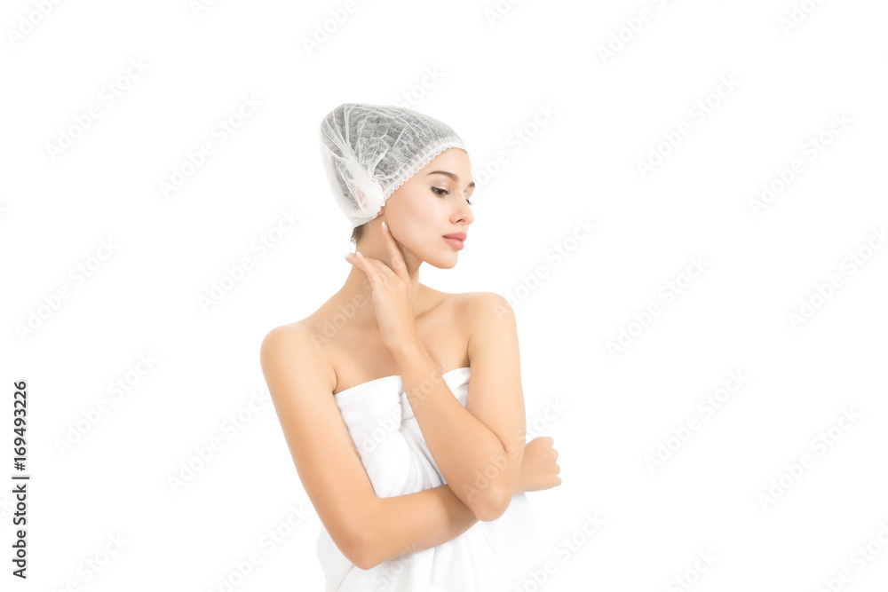 Beautiful spa woman showing perfect skin with copy space isolated on white. Beautiful spa woman showing perfect skin with copy space isolated on white.