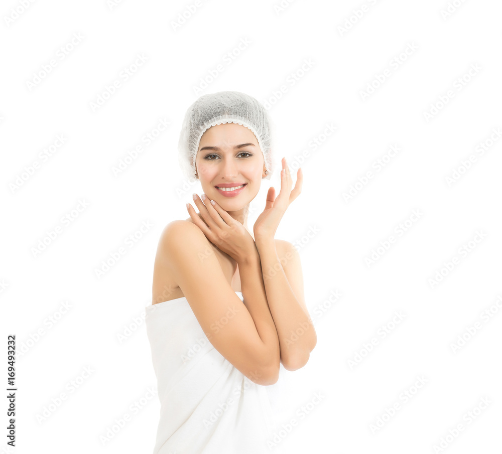 Beautiful spa woman showing perfect skin with copy space isolated on white. Beautiful spa woman showing perfect skin with copy space isolated on white.