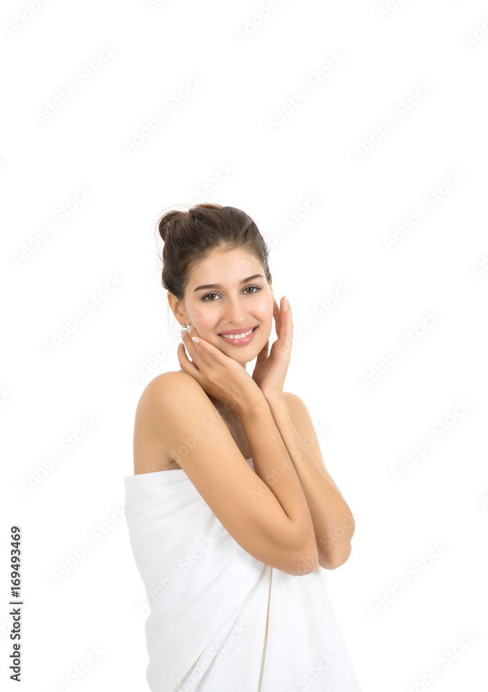 Beautiful woman showing perfect skin with copy space isolated on white background. Beautiful woman showing perfect skin with copy space isolated on white background.