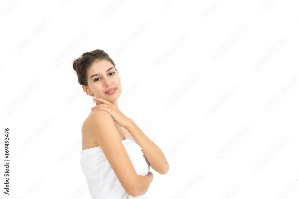 Beautiful woman showing perfect skin with copy space isolated on white background. Beautiful woman showing perfect skin with copy space isolated on white background.
