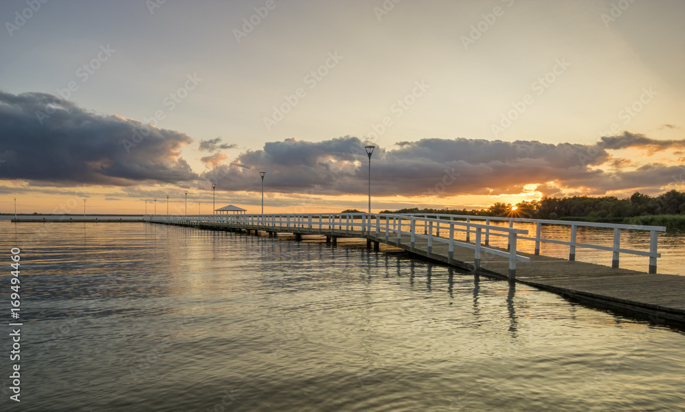Sunset on the lake, wooden, white pier