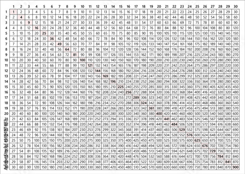 30x30 multiplication table vector illustration for students