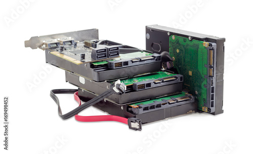 Naklejka Hard disk drives, disk controller card and cables