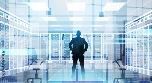 Silhouette Man In Data Center Room Hosting Server Computer Information Database Flat Vector Illustration