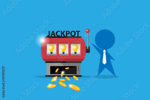businessman play slot machine and win jackpot to get coins, idea and business concept