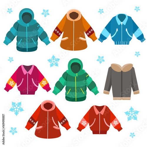 Colorful winter jackets flat isolated on white background, vector illustration