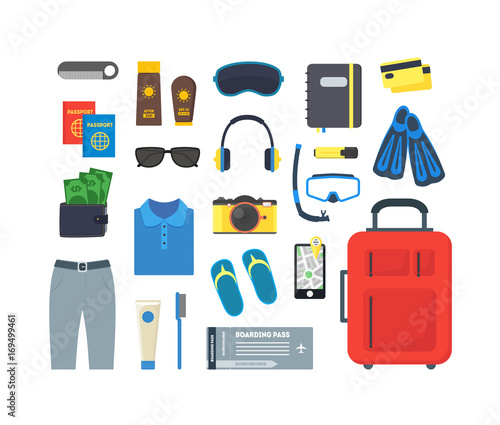 Cartoon Vacation and Travel Color Icon Set. Vector