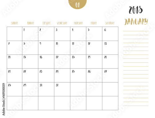 Vector of calendar 2018 ( january ) in simple clean table style with note line in earth tone color theme,full size 21 x 16 cm,Week start on Sunday