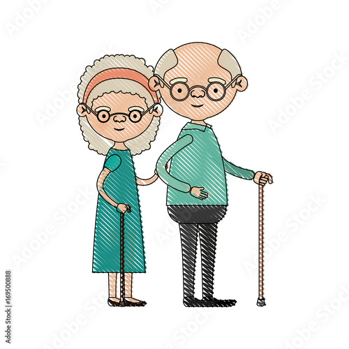 color crayon silhouette of full body couple elderly of grandmother with curly hair in dress and bald grandfather with glasses in walking stick