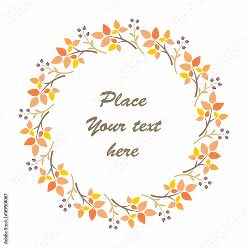 Autumn round frame with image of branches and leaves. Vector background.
