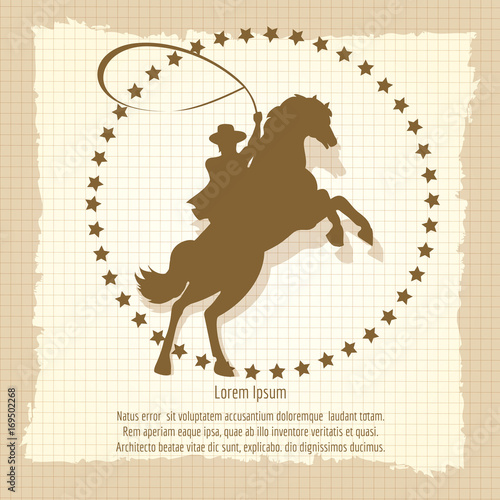 Cowboy rodeo man on old style vintage backdrop, vector illustration