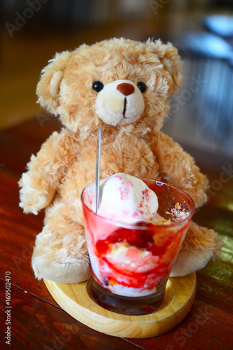 Teddy Bear with strawberry ice cream :Vintage tone 