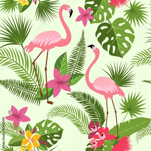 Vector seamless pattern with flamingo, tropical flowers and palm tree. Summer hawaiian background