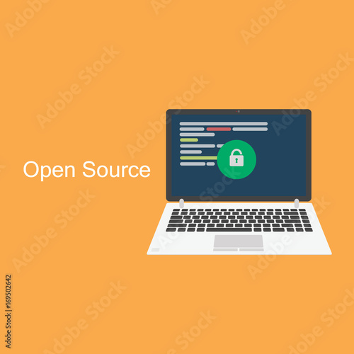 Open source concept. Laptop with programming code on orange background