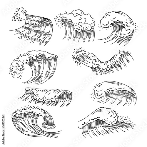 Marine illustrations of water splashes and big waves. Vector hand drawn pictures