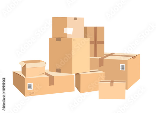 Cardboard boxes in different sizes. Packages isolated on white