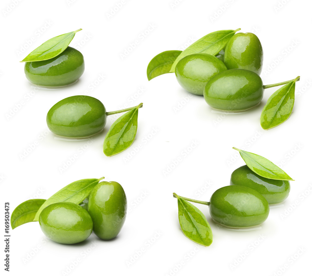 Green olives with leaves Green olives with leaves
