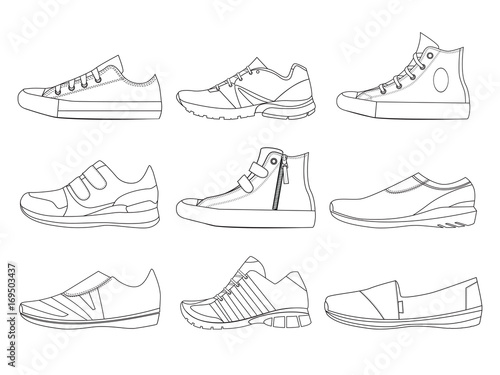 Illustrations of teenage shoes in linear style. Vector pictures of boots and sneakers