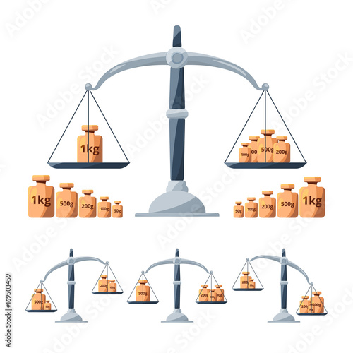 Scales calibration tools. Different weights for scales isolated. Balance concept pictures