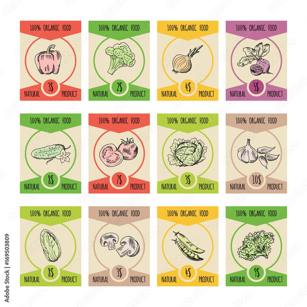 Vector vegetables illustrations on price cards for farmers market. Hand drawn pictures set
