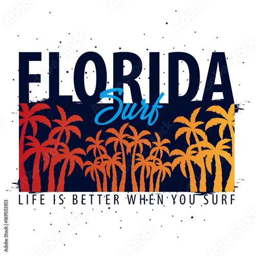 Florida Surfing graphic with palms. T-shirt design and print.
