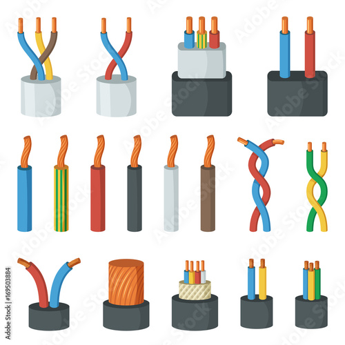 Electrical cable wires, different amperage and colors. Vector illustrations in cartoon style