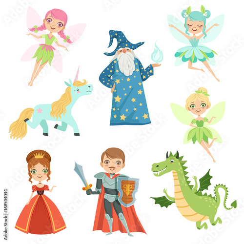Fairytale characters set in different costumes. Princess, funny unicorn. Wizard, dragon and knight. Vector illustrations in cartoon style