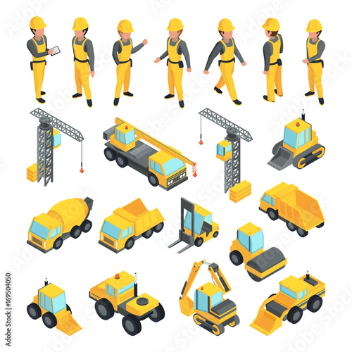 Transport and workers for construction buildings. Vector pictures in isometric style