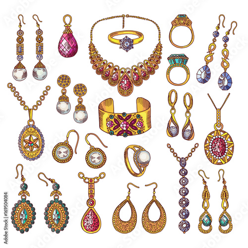Colored hand drawn pictures of luxury vintage jewelry