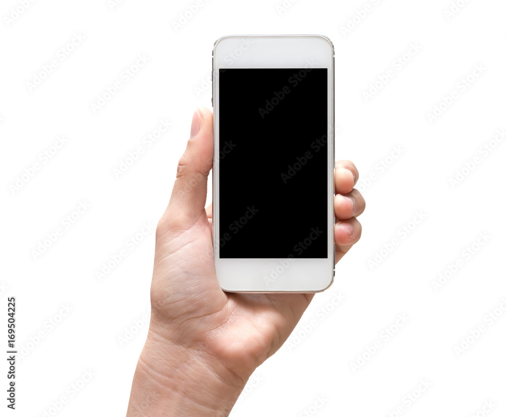 Female hand holding mobile smart phone touch screen on white background, include clipping path Female hand holding mobile smart phone touch screen on white background, include clipping path
