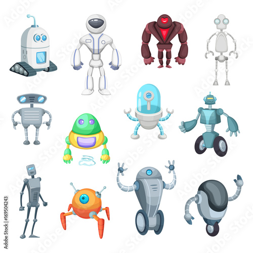 Cute mechanic monsters. Toys for kids. Characters of robots. Vector pictures in cartoon style