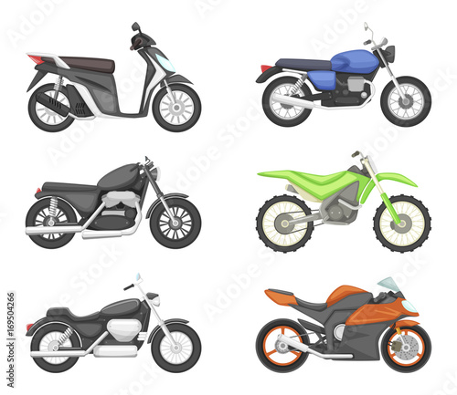 Different types of motorcycles. Vector set illustrations in cartoon style