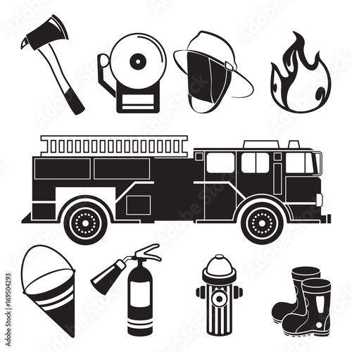 Monochrome illustrations of fireman tools in fire station department