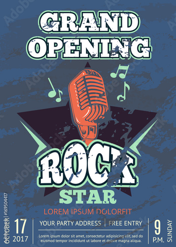 Retro karaoke club, audio record studio poster with shabby music logo with microphone and star on grunge texture