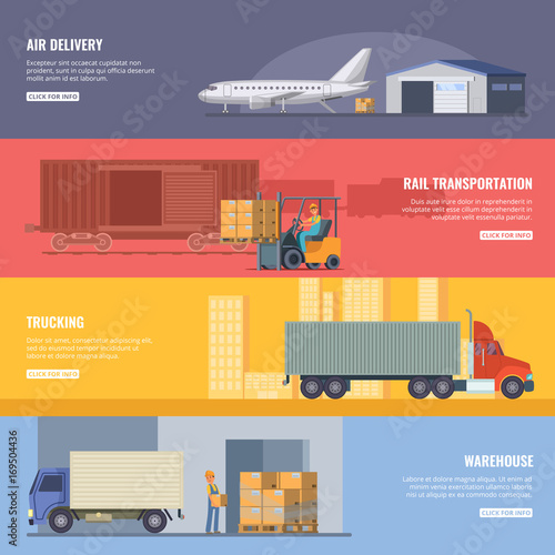 Horizontal banners of delivery or logistics services. Trucking industry. Fast transportation. Vector illustrations in cartoon style
