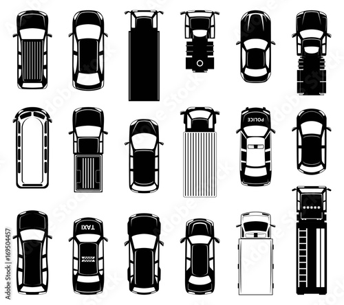 Top view of different roof cars on the road. Black vector icons of automobiles